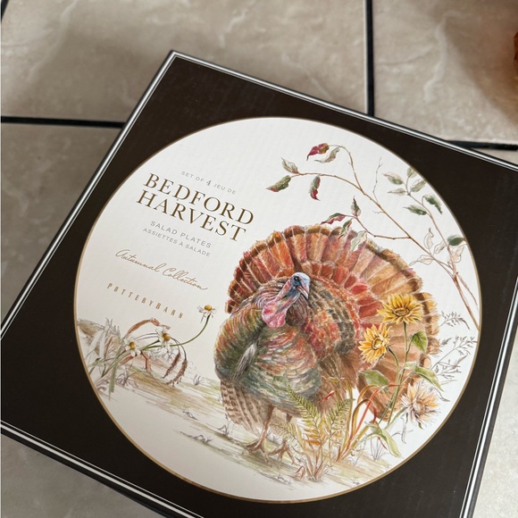 NEW Pottery Barn Bedford Harvest Autumnal Turkey Set Of 4 Salad Plates - Picture 2 of 3